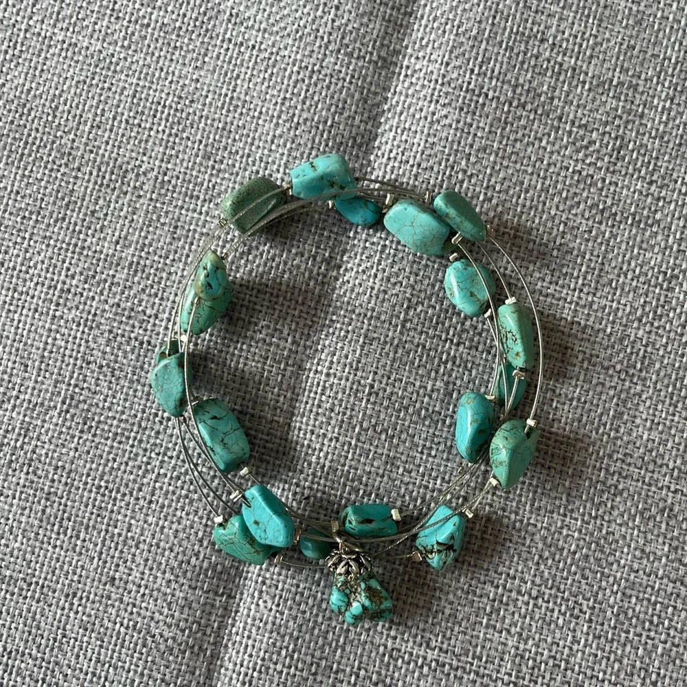Boho Faux Turquoise Stone Multi-Strand Wire Bracelet Set with Charm